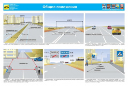 Плакат: Общие положения ПДД. Дорога, перекресток, разделительная полоса, перекресток, населенный пункт, пешеходный переход