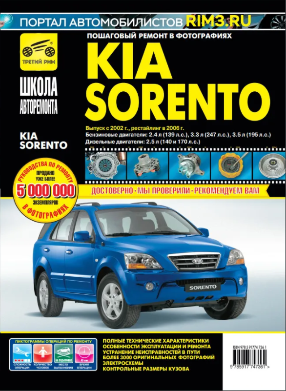 Kia Sorento с 2002г., рестайлинг 2006г. Книга, руководство по ремонту и эксплуатации. Третий Рим